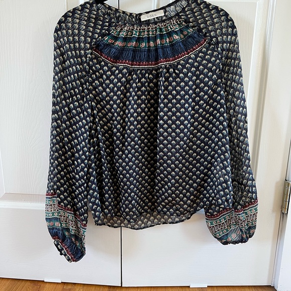 Doen Sheer Manzanita Blue Silk Printed Long Sleeve Top - Picture 2 of 7